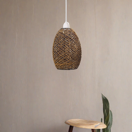 Gemakkelijk te monteren lampenkap met geweven design van rotan, plafondlamp in bruin ~ 1968