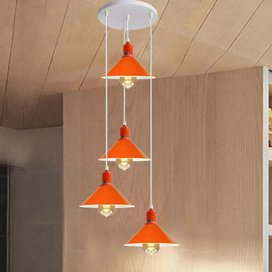 Kroonluchter met vier stopcontacten, retro, moderne oranje plafondlamp en industriële lampenkap ~1581
