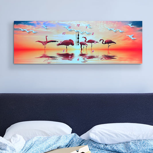 Wandklok met 3 frames, flamingo, dierenschilderij, wandkunstklok ~5513
