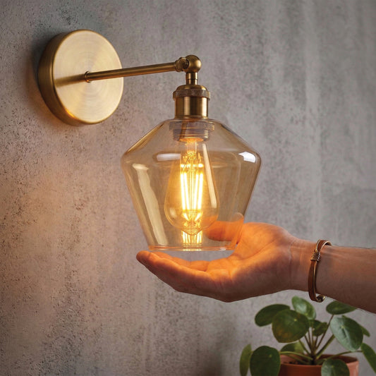 Vintage Brass Wall Sconce with Amber Glass Shade E27 ~6716