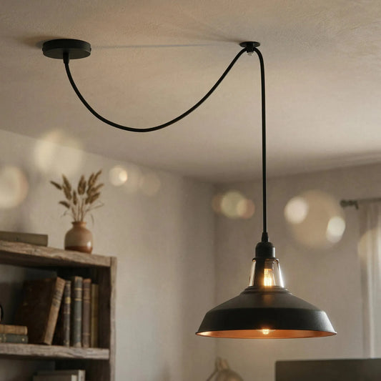 2m Industrial Black Inner Gold Ceiling Easy Fit Pendant Light ~6778