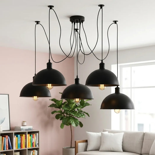 Black E27 | 5 bulb Multi-Arm Swag Adjustable Hook Pendant Light ~6925