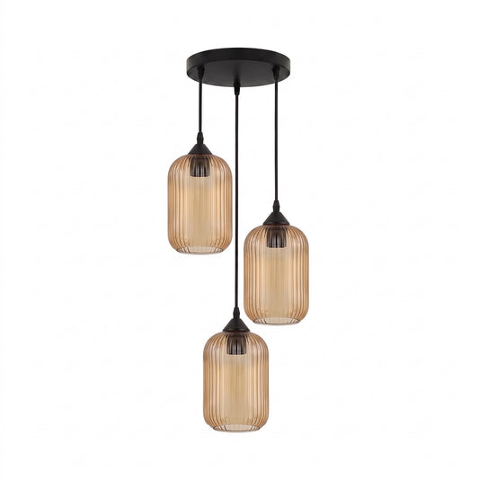 3 Light Amber Ribbed Glass E27 Pendant Ceiling Light Fixture~6976