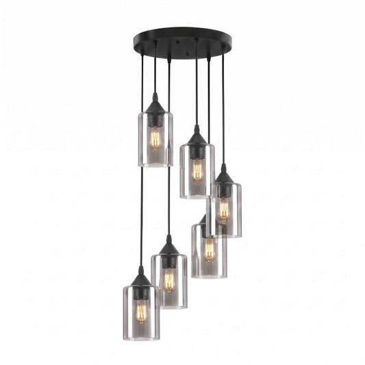 6 Light Cluster Pendant Grey Glass Black 30cm E27 Bulbs~6975