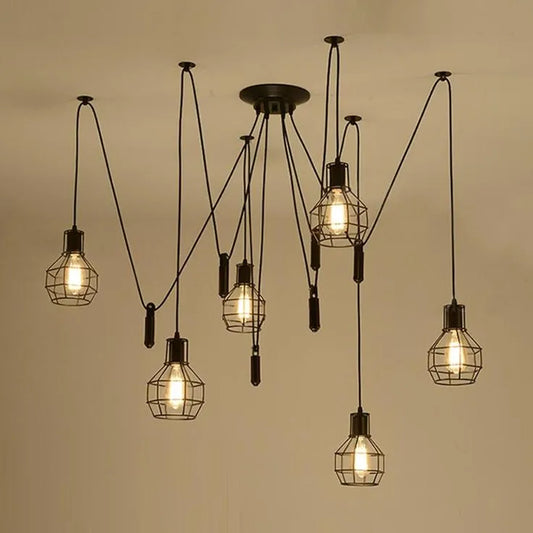 Zwarte Spinnenkroonluchter met draadkooi, 6-delige hanglamp ~ 2018