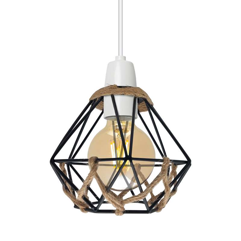 Vintage Black Farmhouse Country Diamond Hemp Rope Ball Metal Lampshade With Reducer Ring