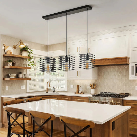 black metal square cage cluster pendant light