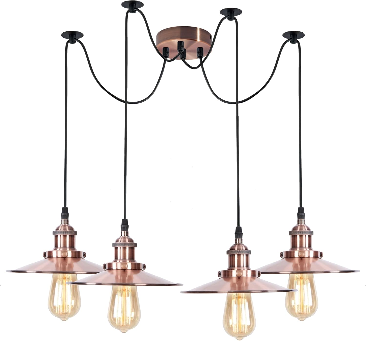 4-light spider pendant with bulbs, complete E27 industrial chandelier, multi-head adjustable lighting kit, ready-to-install industrial pendant