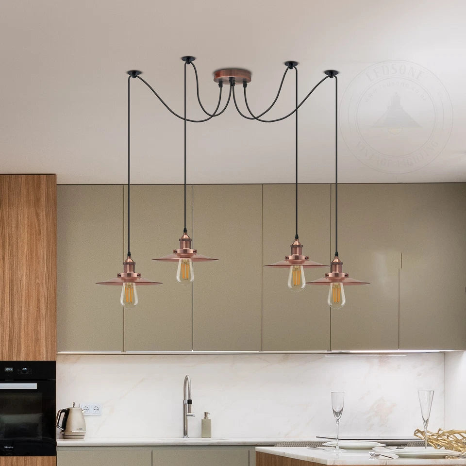4-light spider pendant with bulbs, complete E27 industrial chandelier, multi-head adjustable lighting kit, ready-to-install industrial pendant