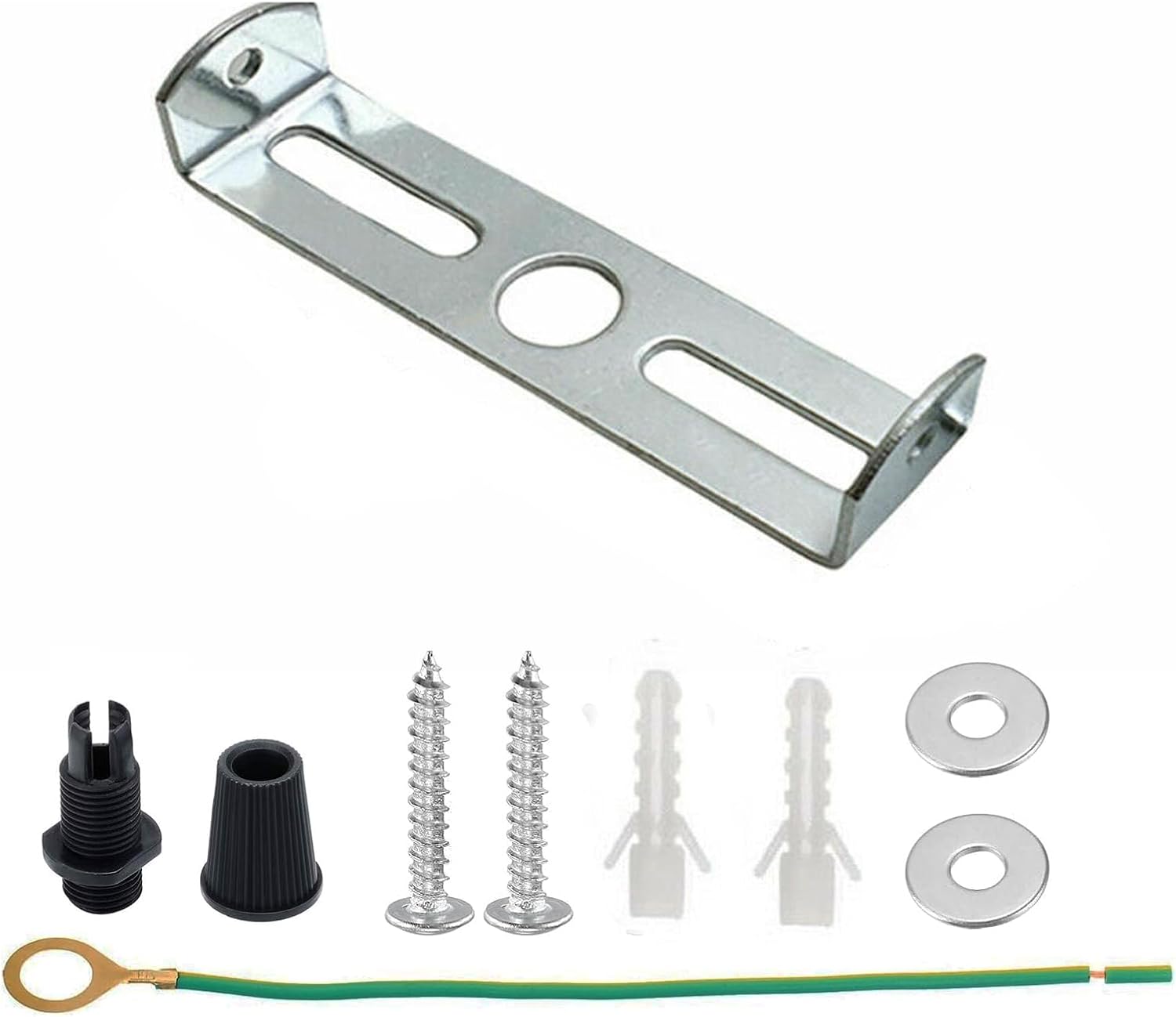 Metal ceiling light mounting kit with screws, connectors and ground wire