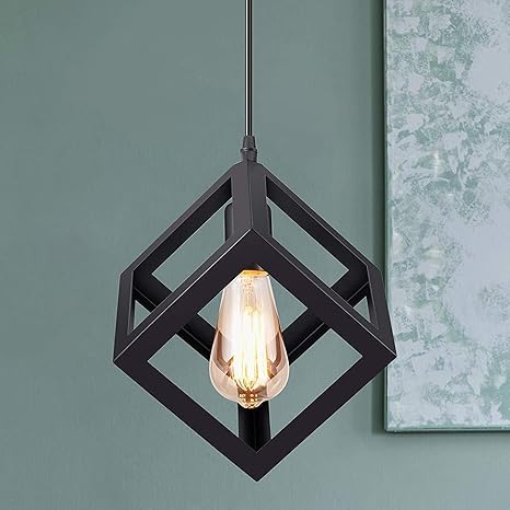 Zwarte moderne hanglamp met industriële vierkante metalen lijst ~ 1987