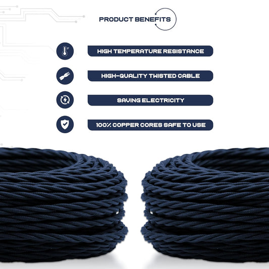 High-quality dark blue twisted fabric cable with 100% copper cores