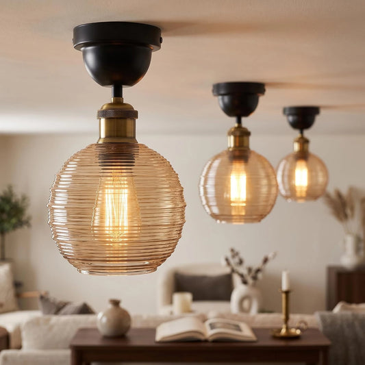 Globe Ribbed Ribbed Amber Glass Semi-Flush Ceiling Light ~6933