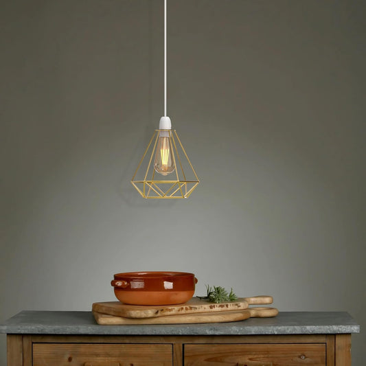 Metalen hanglamp met gouden kap, geometrische draadkooi, ~1904