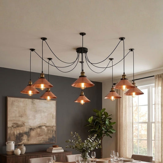 8 Light Multi-Arm E27 Brushed Copper Industrial Spider Pendant Light - With Bulb