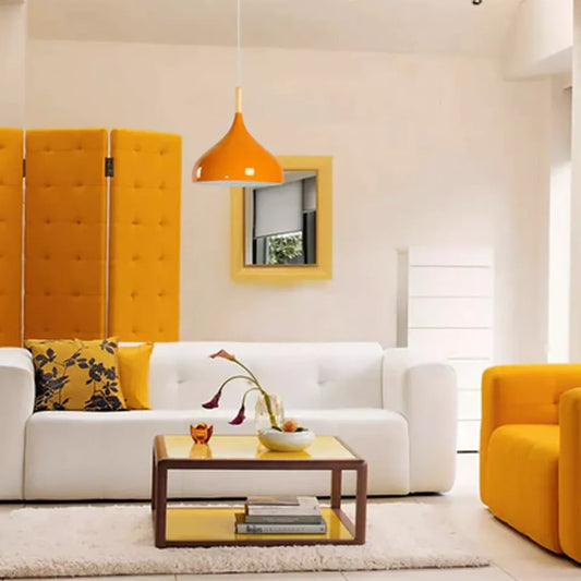 Vintage industriële metalen plafondlamp in geel, hangend ~2507