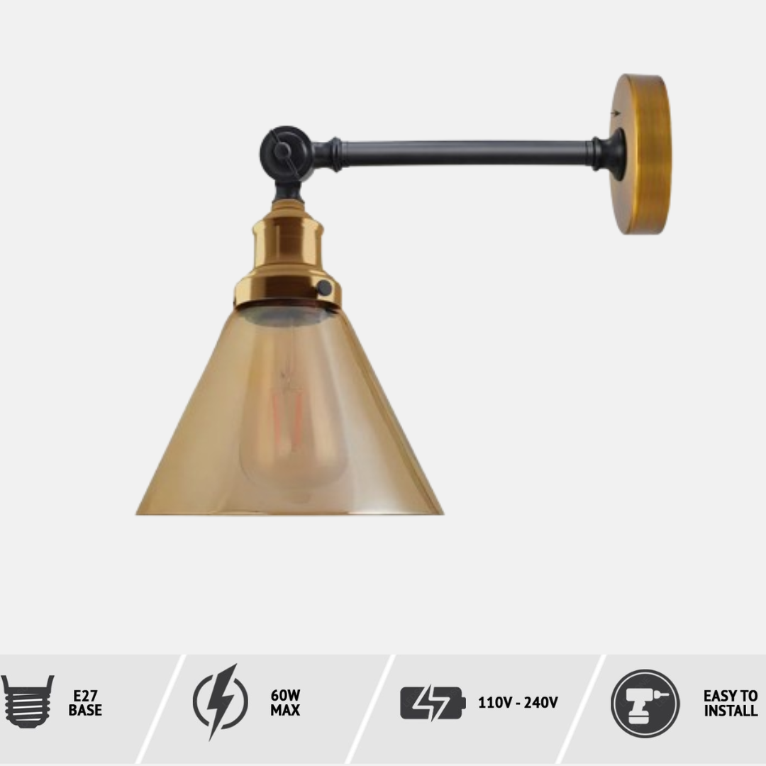 A fancy living room wall light with an adjustable dark arm, brass accents, and an amber cone-shaped glass shade. Below it's indicating Specification of it