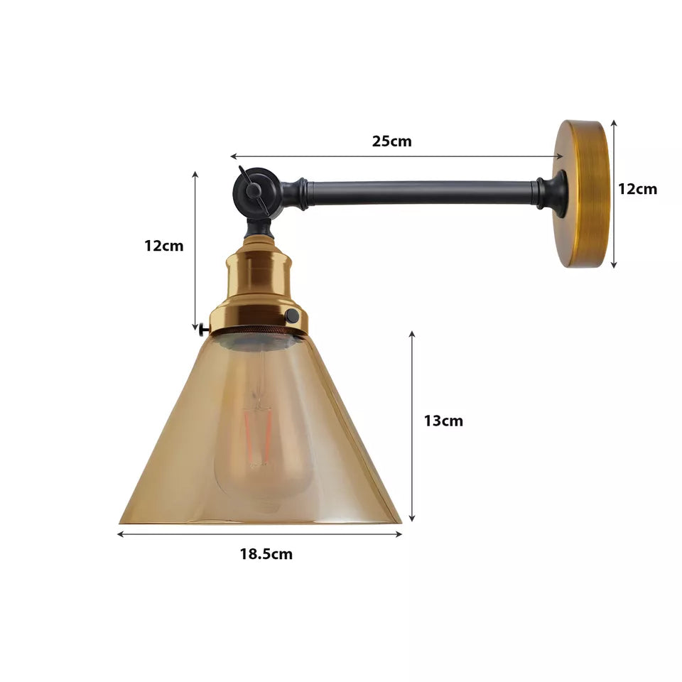 A fancy living room wall light with an amber cone shade and gold-toned base, shown with its dimensions: