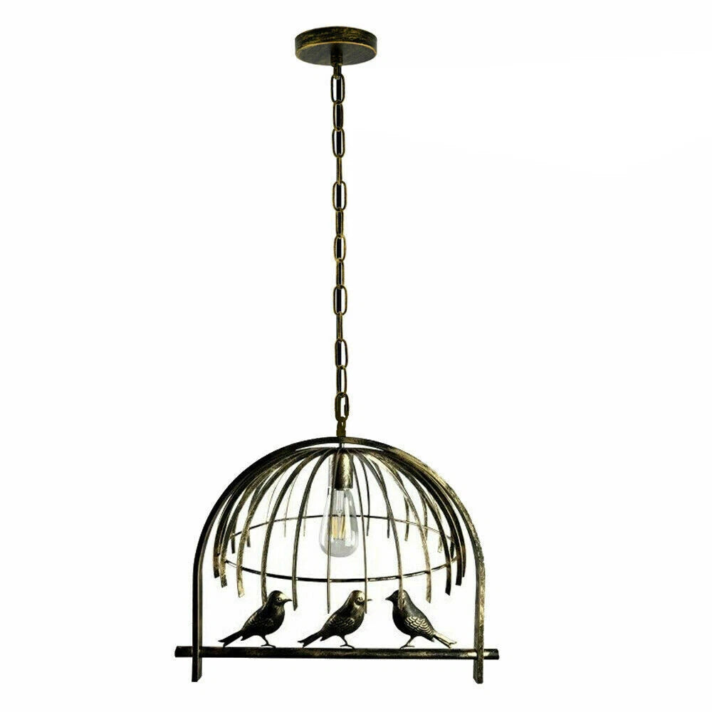 An antique green brass industrial bird cage ceiling chandelier with a chain suspension