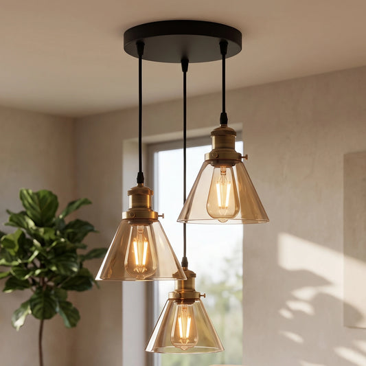 3-Way Funnel Amber Glass Cluster Pendant Light ~6950