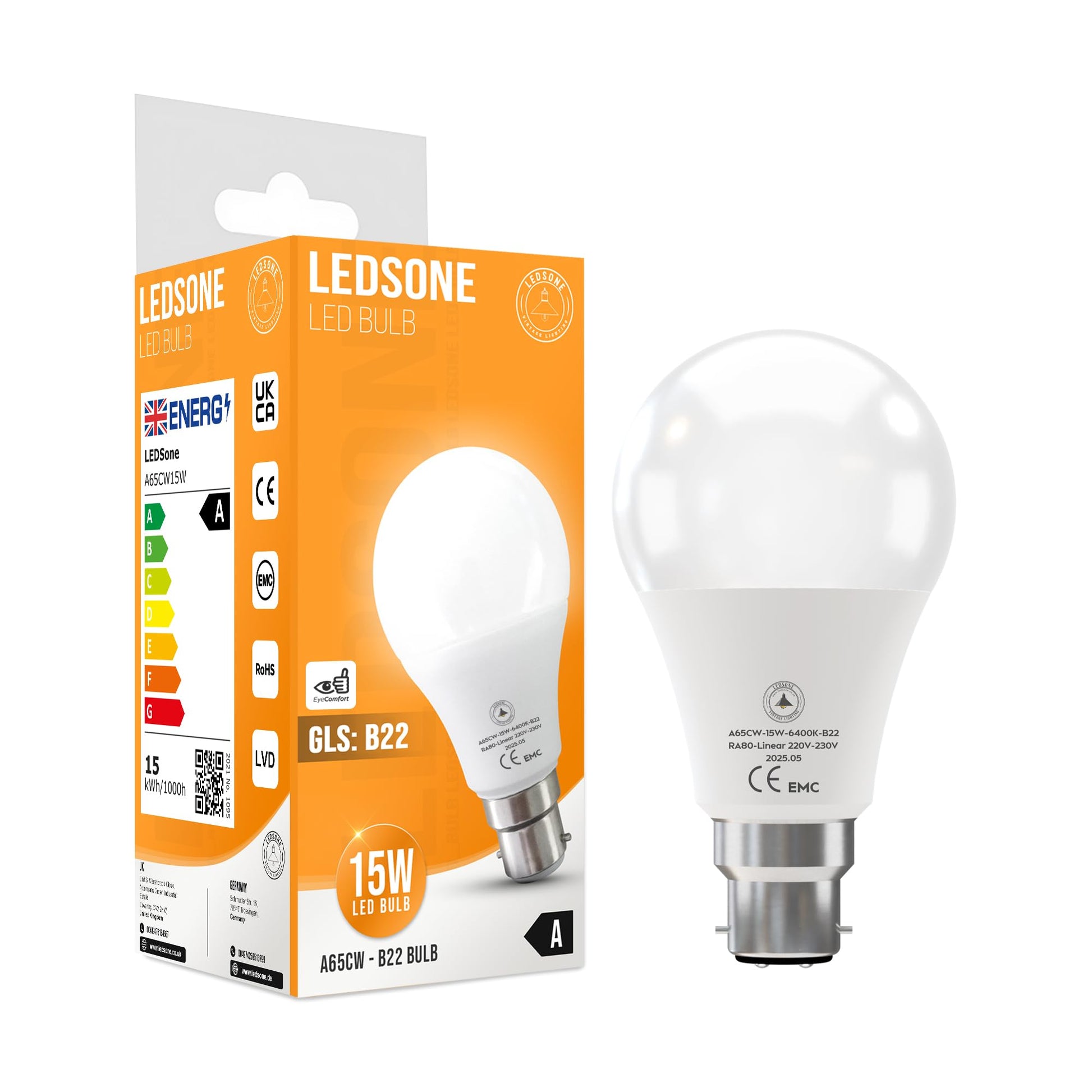 Energy-efficient B22 Bayonet LED bulb GLS design 1500 lumens