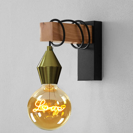 Modern industrial wooden wall sconce light fitting with black cable wraps and a brass lamp holder with LED bulb