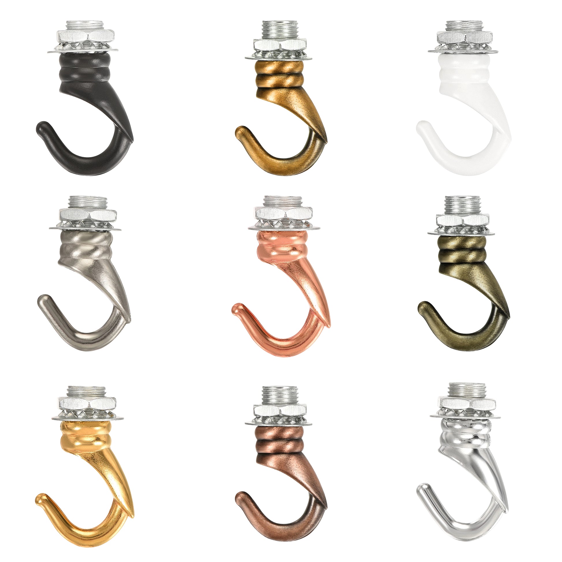 A collection of vintage iron ceiling hooks in various colors including gold, silver, and bronze, designed for hanging pendant fixtures.