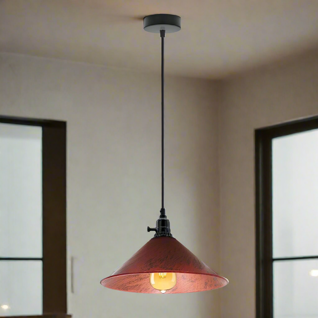 Red pendant light with a black ceiling mount on a white background