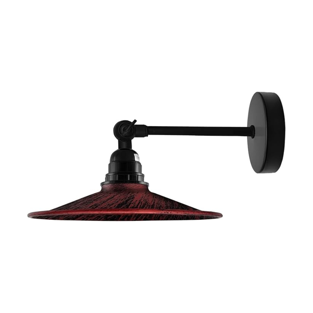Wall-mounted lamp with red shade and black fixture on a white background