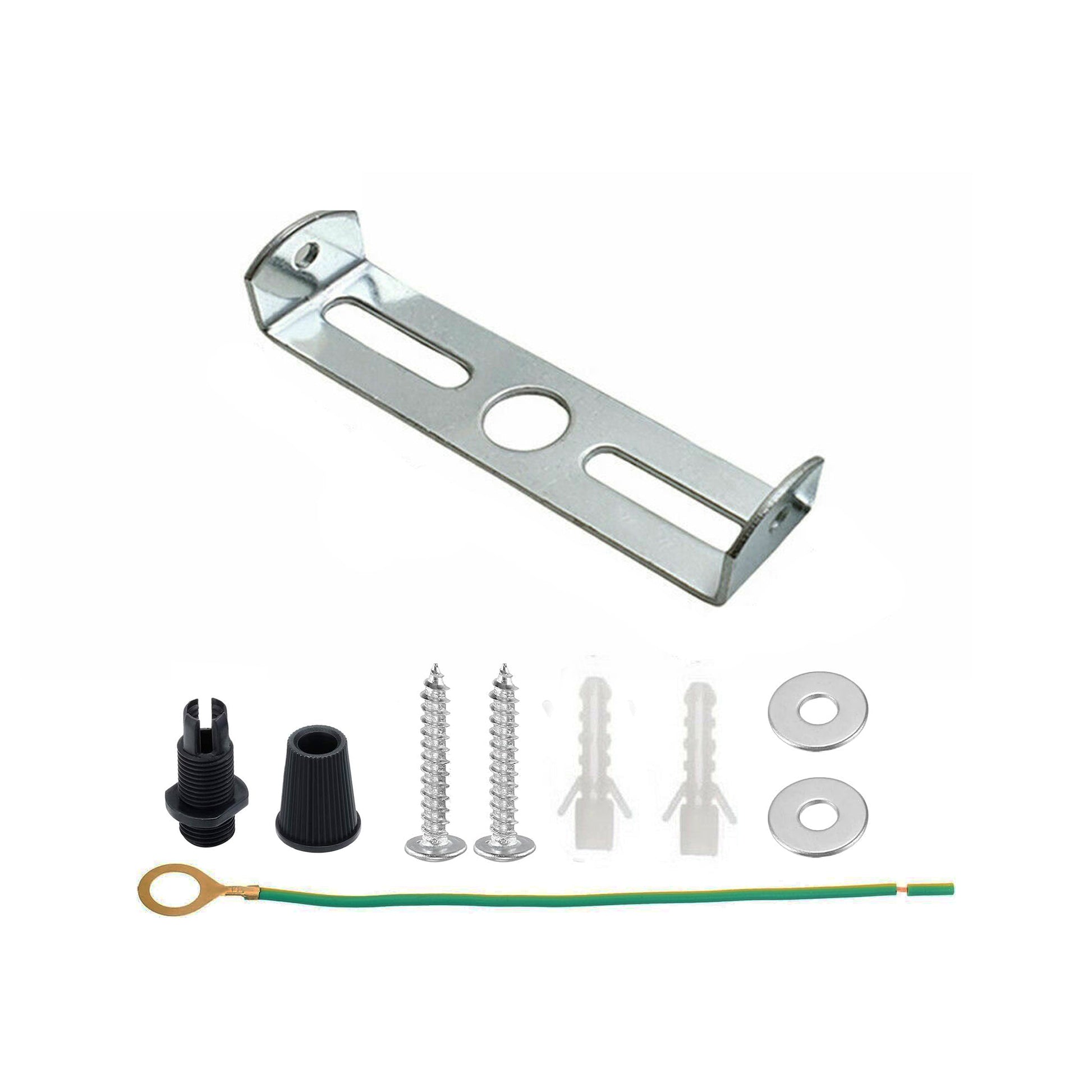 A 70mm ceiling rose strap bracket is shown with a complete set of accessories