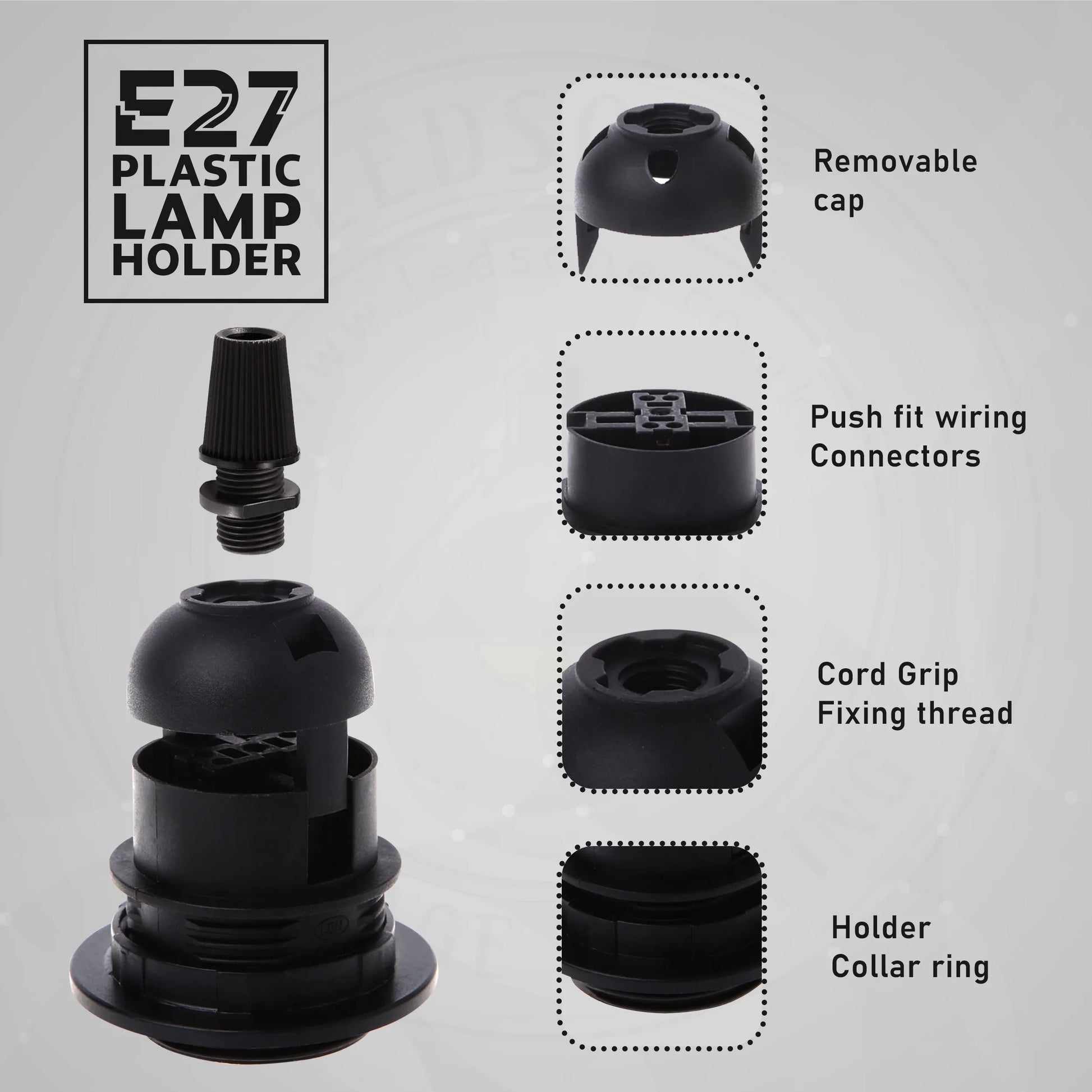 Black E27 pendant light lampholder in heat-resistant plastic