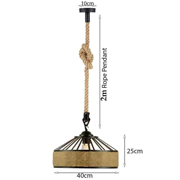 Vintage industrial pendant light with natural hemp rope and 200 cm adjustable wire.