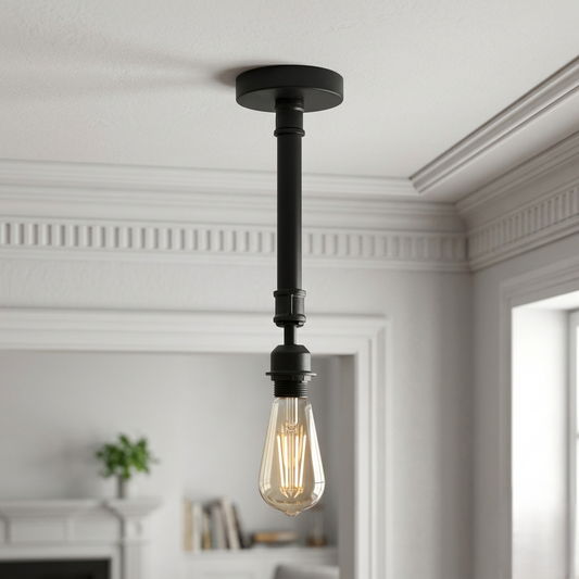 Industriële plafondlamp E27 houder zwart semi-flush pijp vintage verlichting ~5462