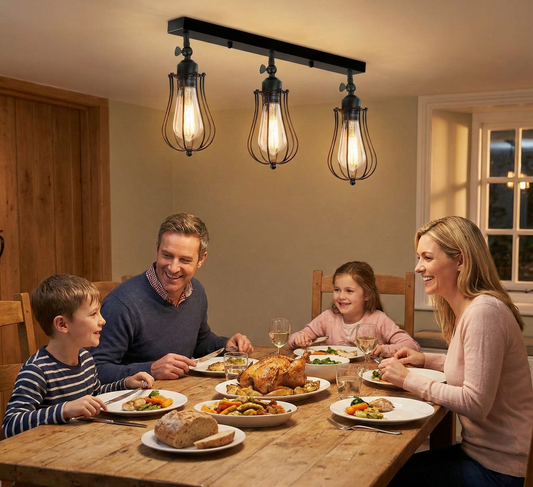 Family of four enjoying a meal together at a dining table with a warm and inviting atmosphere.