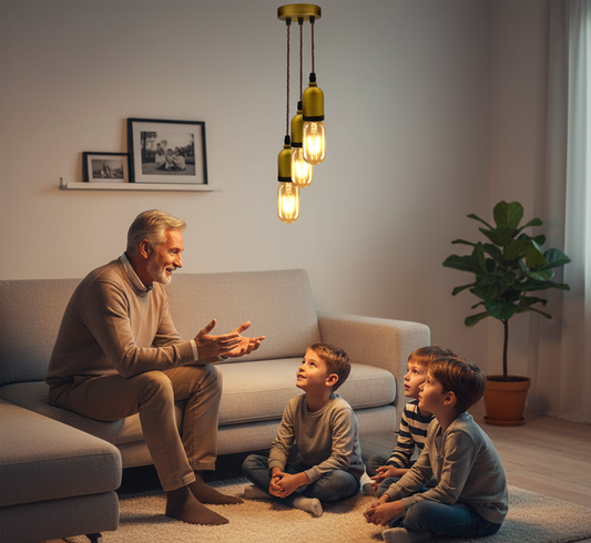 grandpa sitting on a couch talking to three children in a cozy living room with warm lighting.
