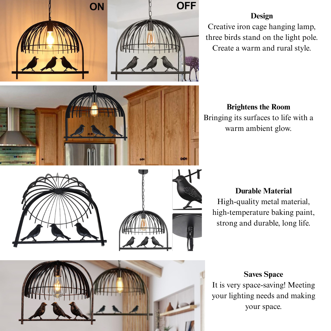 collage of an industrial bird cage chandelier with decorative birds, showcasing its on/off state, its warm glow in a kitchen setting, durable metal material, and space-saving design.