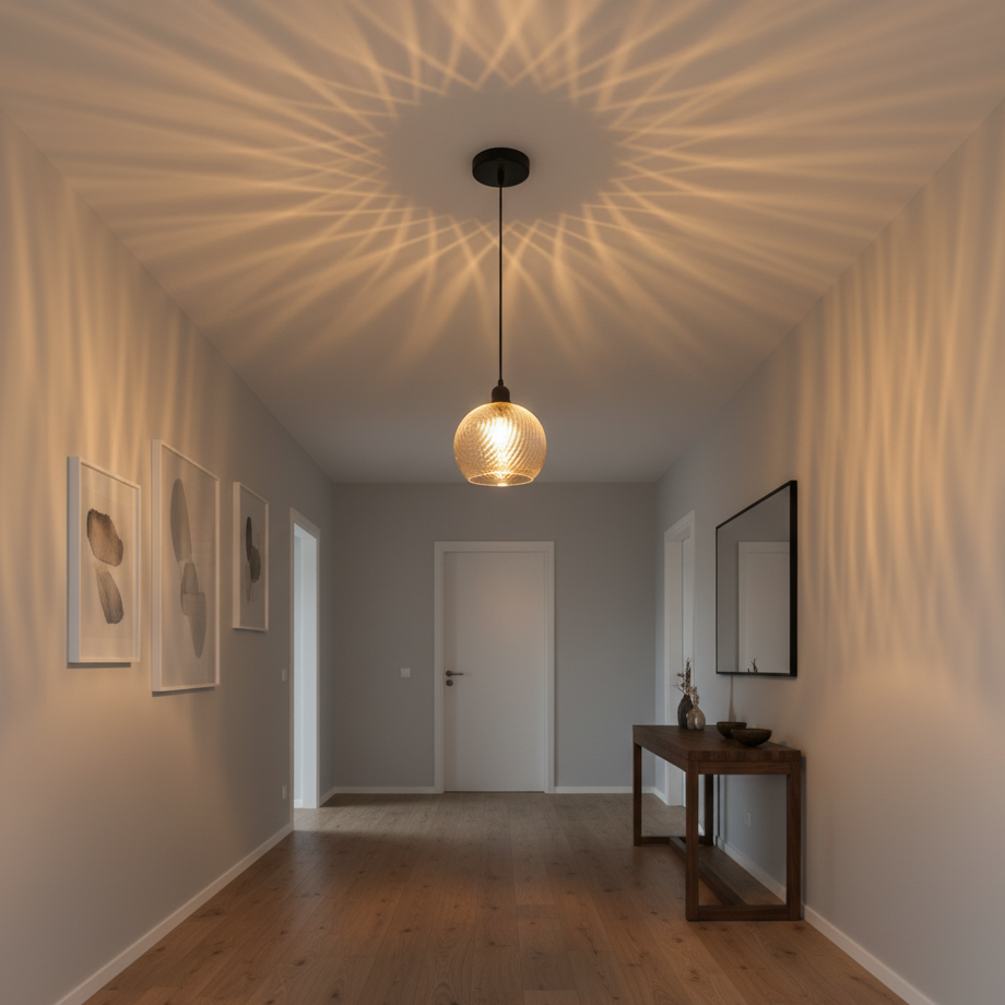 Modern hallway with a pendant light casting a warm glow on the ceiling.