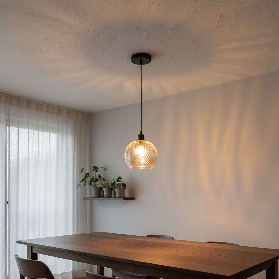 Dining room with a wooden table and chairs, illuminated by a pendant light.