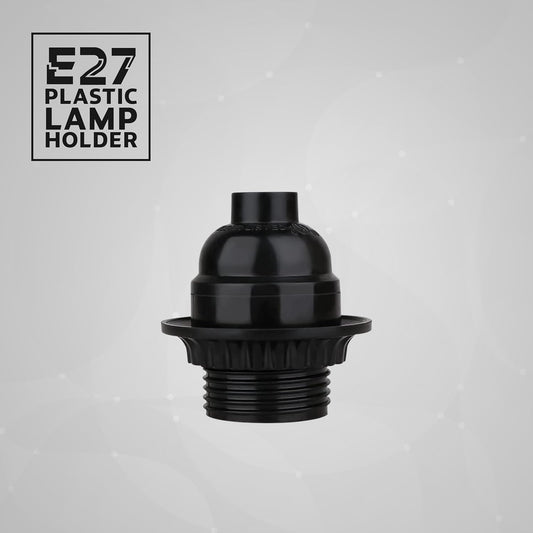 Plain black Bakelite E27 screw light bulb holder with a ring Black Bakelite E27 bulb holder with dimensions and a ring Black Bakelite light bulb holder with an E27 bulb installed