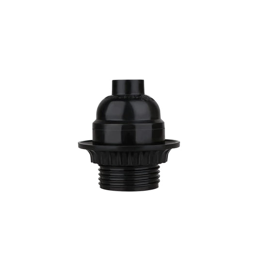 Plain black Bakelite E27 screw light bulb holder with a ring Black Bakelite E27 bulb holder with dimensions and a ring Black Bakelite light bulb holder with an E27 bulb installed