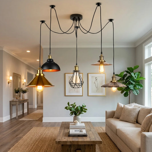 Modern living room with pendant lights, sofa, and decor elements.