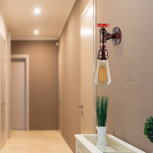 Vintage rustieke rode metalen waterpijp wandlamp met wiel ~2068