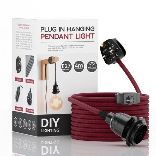 4m stoffen flexkabel UK Bourgondië kleur Plug-in hanglamp lichtset E27 lamphouder + schakelaar~3745