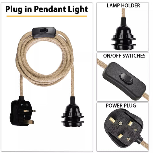 Hemp Pendant Lights Kit UK Plug E27 Fitting ~6026