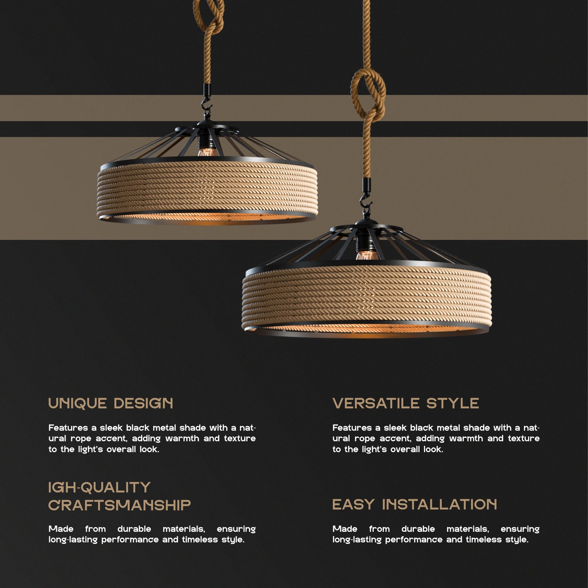 Adjustable hemp rope chandelier with black metal frame and vintage design.