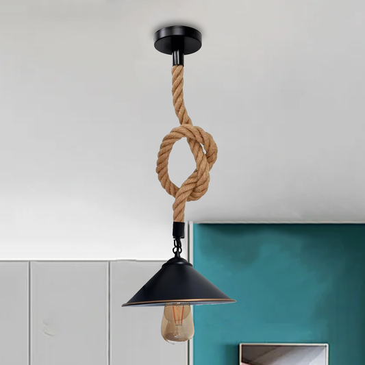Hanglamp van henneptouw, vintage hangende kegelvormige lampenkap~5078