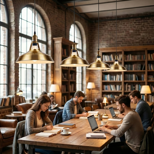 People working at a wooden table in a cozy, well-lit room with bookshelves and pendant lights.