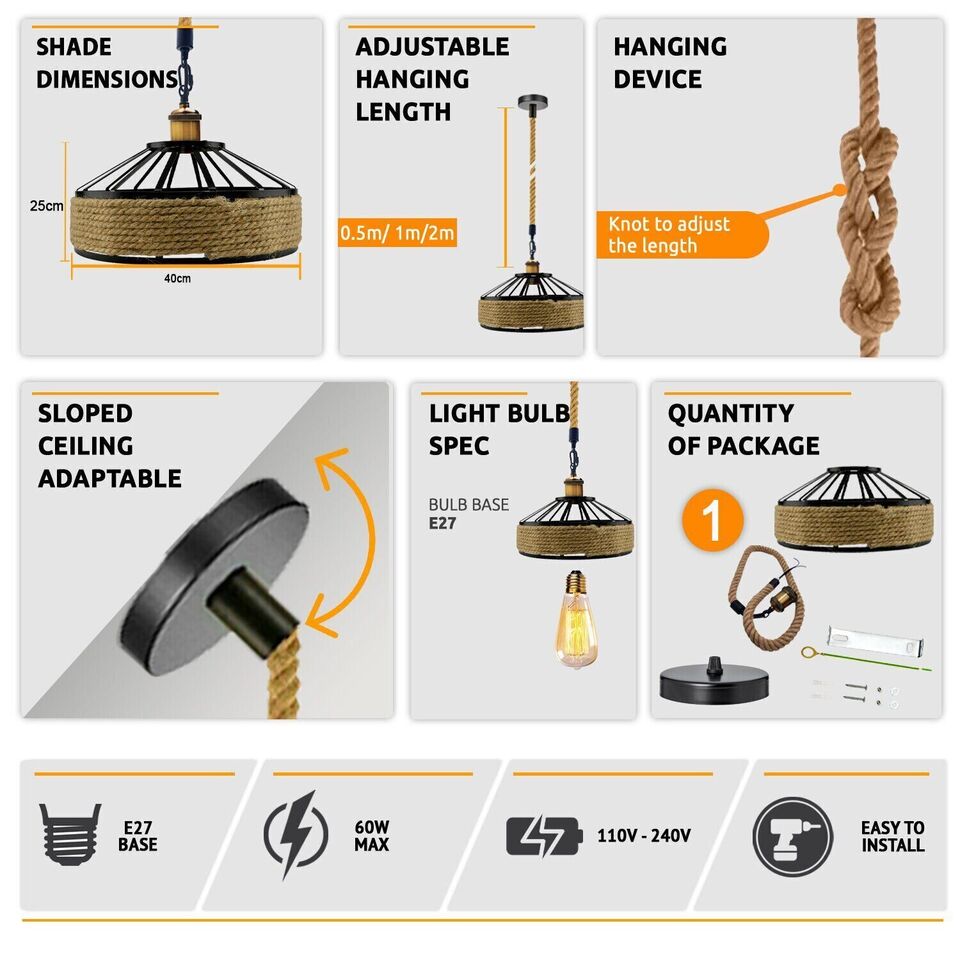 Rustic ceiling light with handcrafted hemp rope cage, perfect for modern farmhouse interiors.