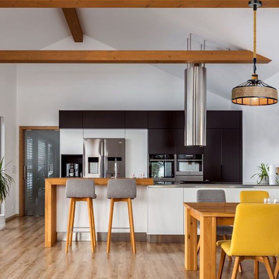 Industrial-style hemp rope chandelier with E27 socket for LED, incandescent, and halogen bulbs.