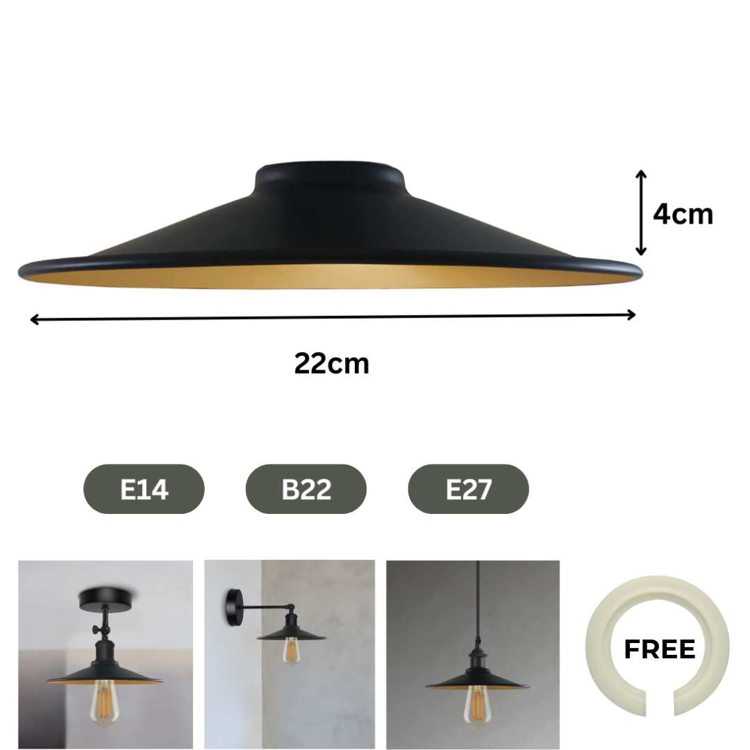 Black pendant light with dimensions and compatibility information on a white background